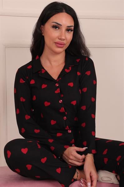 Kadın Kalp Desenli Önü Düğmeli Süet Pijama Takımı