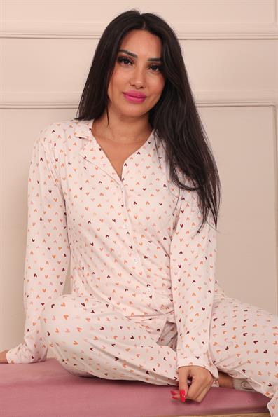 Kadın Kalp Desenli Önü Düğmeli Uzun Kol Altı Uzun Milan Kumaş Pijama Takımı