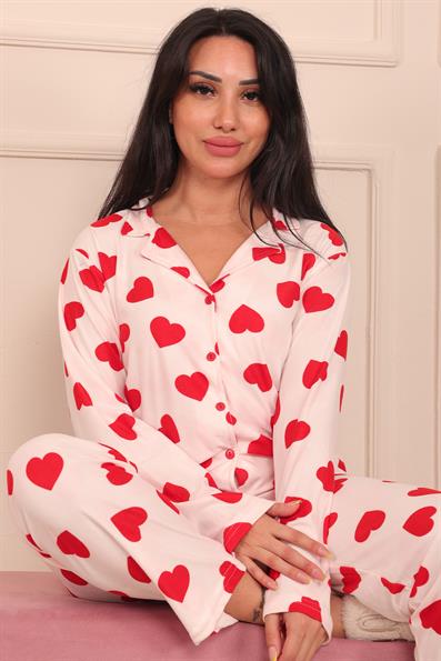 Kadın Kalp Desenli Önü Düğmeli Uzun Kol Altı Uzun Süet Pijama Takımı