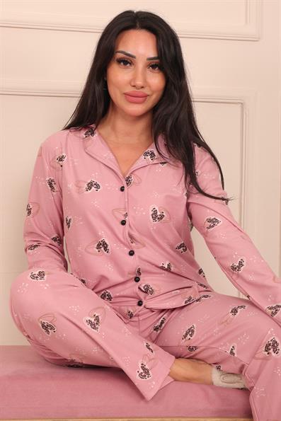 Kadın Kalp Desenli Önü Düğmeli Uzun Kol Altı Uzun Süet Pijama Takımı