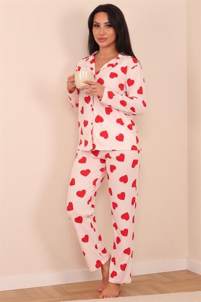 Kadın Kalp Desenli Önü Düğmeli Uzun Kol Altı Uzun Süet Pijama Takımı