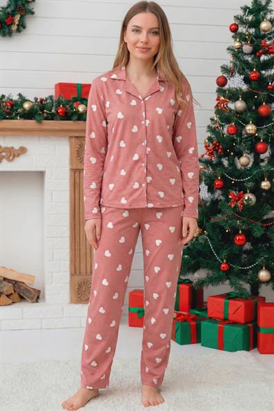 Kadın Kalp Desenli Önü Düğmeli Uzun Kol Altı Uzun Süet Pijama Takımı
