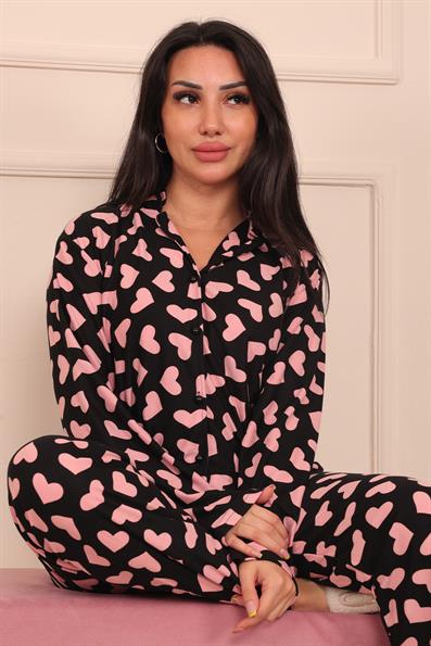 Kadın Kalp Desenli Önü Düğmeli Uzun Kol Altı Uzun Süet Pijama Takımı