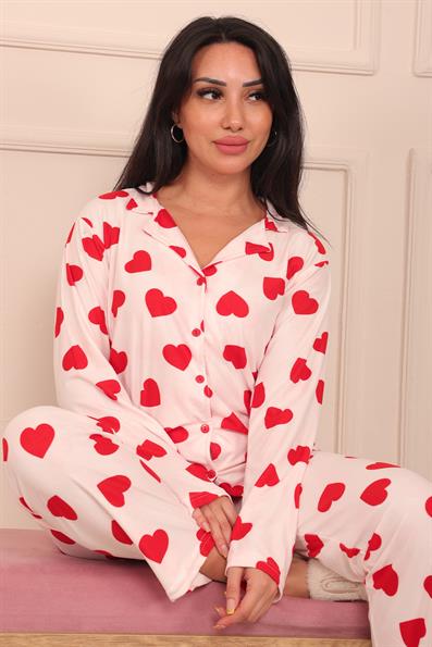 Kadın Kalp Desenli Önü Düğmeli Uzun Kol Altı Uzun Süet Pijama Takımı