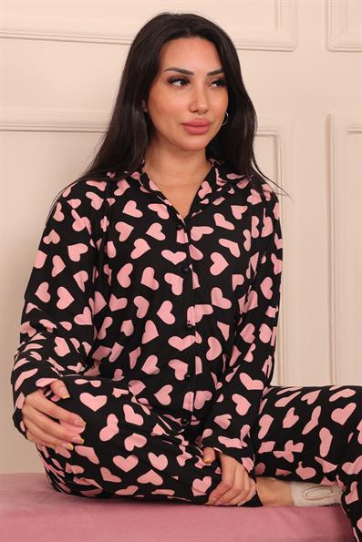 Kadın Kalp Desenli Önü Düğmeli Uzun Kol Altı Uzun Süet Pijama Takımı
