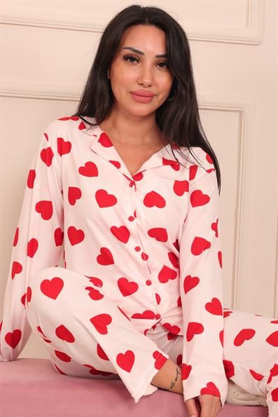 Kadın Kalp Desenli Önü Düğmeli Uzun Kol Altı Uzun Süet Pijama Takımı