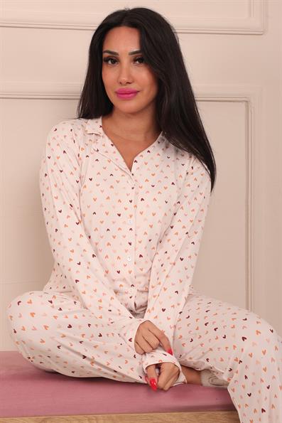 Kadın Kalp Desenli Önü Düğmeli Uzun Kol Altı Uzun Milan Kumaş Pijama Takımı