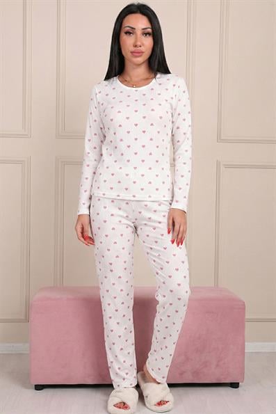 Kadın Kalp Desenli Soft Fitilli Pamuklu Pijama Takımı
