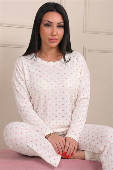 Kadın Kalp Desenli Soft Fitilli Pamuklu Pijama Takımı
