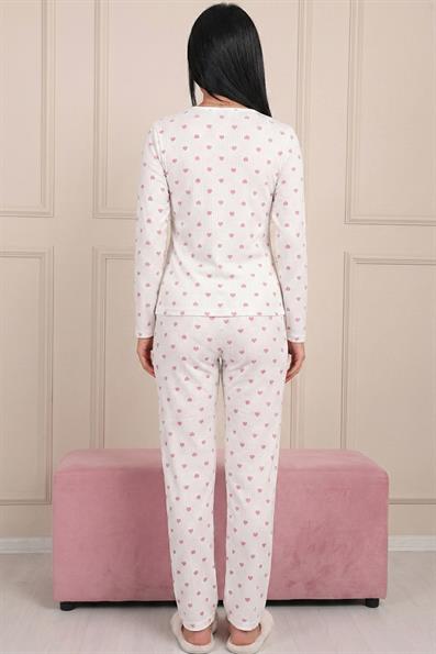 Kadın Kalp Desenli Soft Fitilli Pamuklu Pijama Takımı
