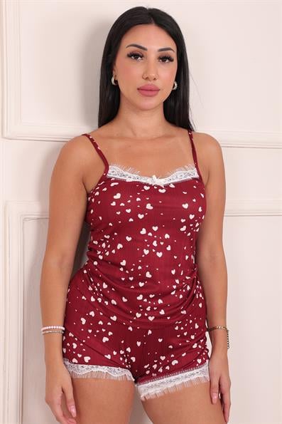 Kadın Kalp Desenli Şortlu Pegasus Pijama Takım Bordo