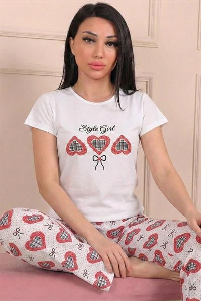 Kadın Kalp Desenli ve Altı Desenli Penye Kısa Kol Pijama Takımı