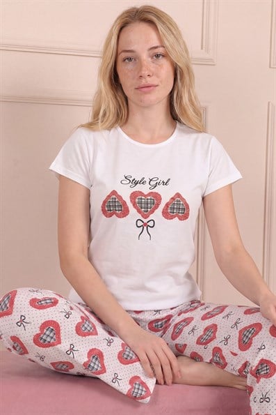 Kadın Kalp Desenli ve Altı Desenli Penye Kısa Kol Pijama Takımı