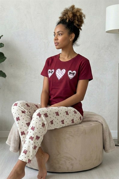 Kadın Kalp Desenli ve Altı Kurdele Desenli Penye Kısa Kollu Pijama Takımı