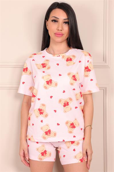 Kadın Kalp ve Ayıcık Desenli Kısa Kol Şortlu Pijama Takımı Pudra