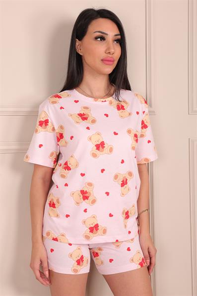 Kadın Kalp ve Ayıcık Desenli Kısa Kol Şortlu Pijama Takımı Pudra