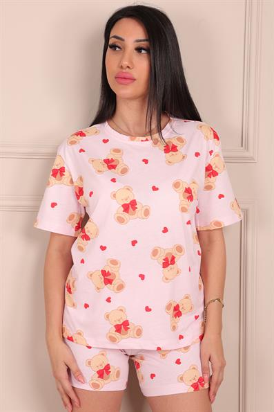 Kadın Kalp ve Ayıcık Desenli Kısa Kol Şortlu Pijama Takımı Pudra