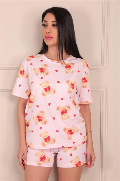 Kadın Kalp ve Ayıcık Desenli Kısa Kol Şortlu Pijama Takımı Pudra