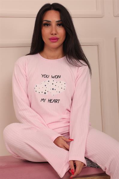 Kadın Kalp ve Slogan İşlemeli ve Fitilli Bisiklet Yaka Uzun Kol Altı Uzun Pamuklu Pijama Takımı