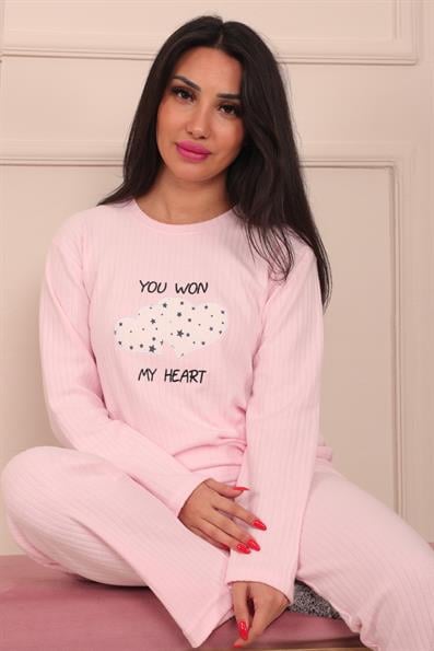 Kadın Kalp ve Slogan İşlemeli ve Fitilli Bisiklet Yaka Uzun Kol Altı Uzun Pamuklu Pijama Takımı