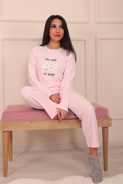 Kadın Kalp ve Slogan İşlemeli ve Fitilli Bisiklet Yaka Uzun Kol Altı Uzun Pamuklu Pijama Takımı