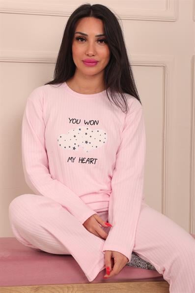 Kadın Kalp ve Slogan İşlemeli ve Fitilli Bisiklet Yaka Uzun Kol Altı Uzun Pamuklu Pijama Takımı