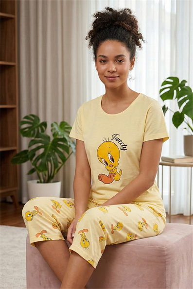 Tweety Desenli Kısa Kol Altı Kapri  Pijama Takımı 