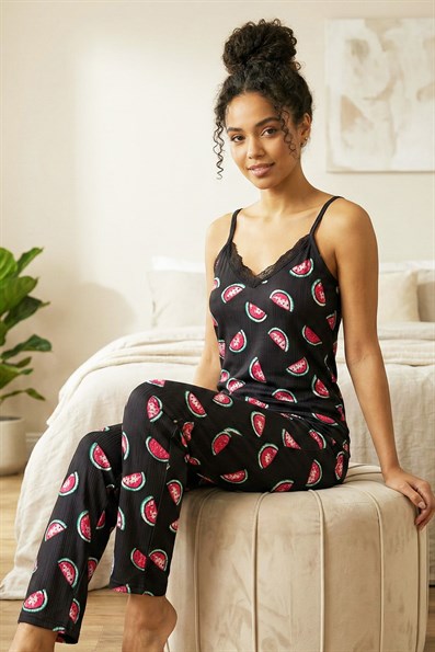 Kadın Karpuz Desenli Dantelli İp Askılı Altı Uzun Pegasus Pijama Takımı