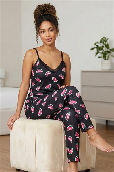 Kadın Karpuz Desenli Dantelli İp Askılı Altı Uzun Pegasus Pijama Takımı