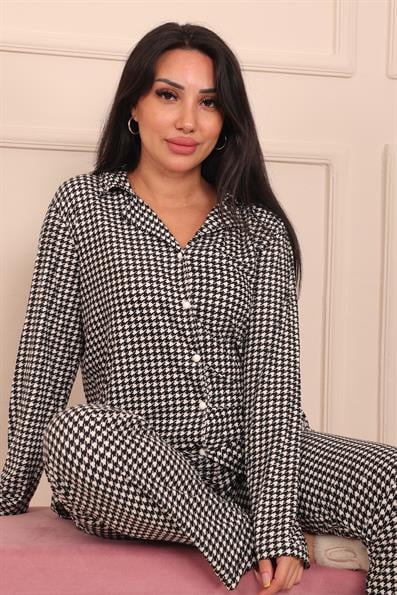 Kadın Kaz Ayağı Desenli Önü Düğmeli Uzun Kol Altı Uzun Süet Pijama Takımı