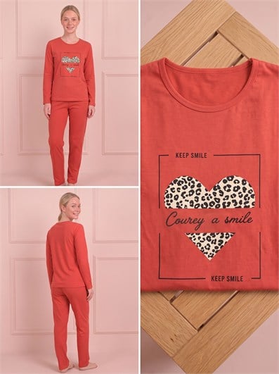 Kadın Keep Smile Sloganlı Bisiklet Yaka Uzun Kol Altı Uzun Penye Pijama Takımı