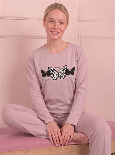 Kadın Kelebek Baskılı Bisiklet Yaka Uzun Kol Altı Uzun Penye Pijama Takımı