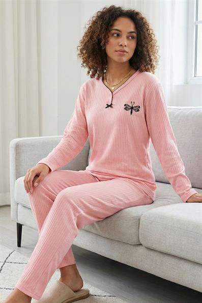 Kadın Kelebek İşlemeli ve Fitilli Armut Yaka Uzun Kol Altı Uzun Pamuklu Pijama Takımı