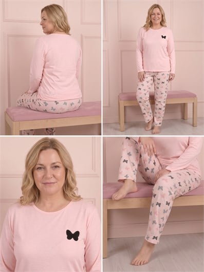 Kadın Kelebek Nakışlı ve Desenli Bisiklet Yaka Uzun Kol Altı Uzun Viskon Pijama Takımı