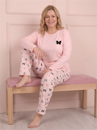 Kadın Kelebek Nakışlı ve Desenli Bisiklet Yaka Uzun Kol Altı Uzun Viskon Pijama Takımı
