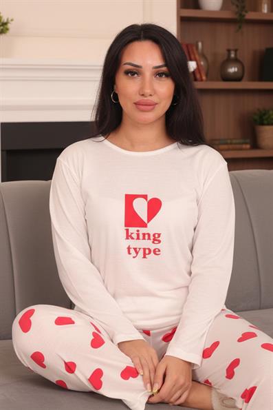 Kadın King Type Sloganlı Altı Kalp Desenli  Bisiklet Yaka Uzun Kol Altı Uzun Viskon Pijama Takımı