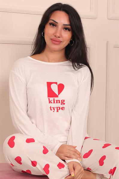 Kadın King Type Sloganlı Altı Kalp Desenli  Bisiklet Yaka Uzun Kol Altı Uzun Viskon Pijama Takımı