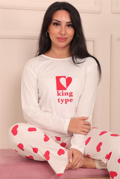 Kadın King Type Sloganlı Altı Kalp Desenli  Bisiklet Yaka Uzun Kol Altı Uzun Viskon Pijama Takımı