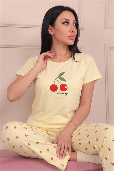 Kadın Kiraz Desenli ve Altı Desenli Penye Pijama Takımı