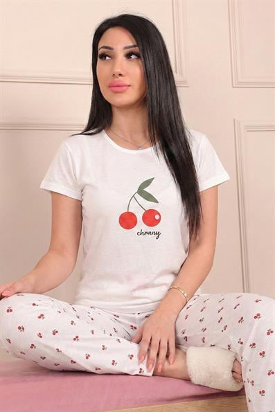 Kadın Kiraz Desenli ve Altı Desenli Penye Kısa Kollu Pijama Takımı