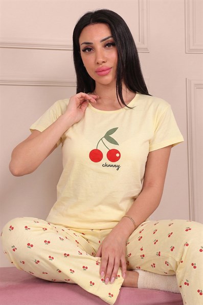 Kadın Kiraz Desenli ve Altı Desenli Penye Pijama Takımı