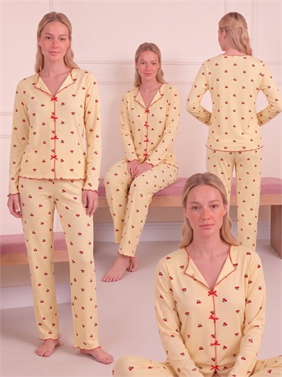 Kadın Kiraz Desenli Yarasa Yaka Uzun Kol Altı Uzun Kaşkorse Pijama Takımı