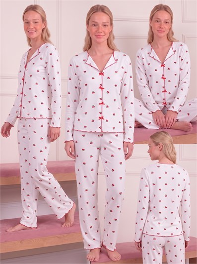 Kadın Kiraz Desenli Yarasa Yaka Uzun Kol Altı Uzun Kaşkorse Pijama Takımı