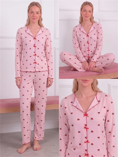 Kadın Kiraz Desenli Yarasa Yaka Uzun Kol Altı Uzun Kaşkorse Pijama Takımı