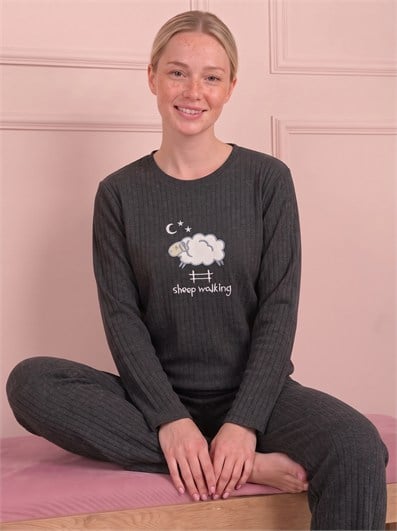 Kadın Koyun İşlemeli Bisiklet Yaka Uzun Kol Altı Uzun Pamuklu Fitilli Pijama Takımı