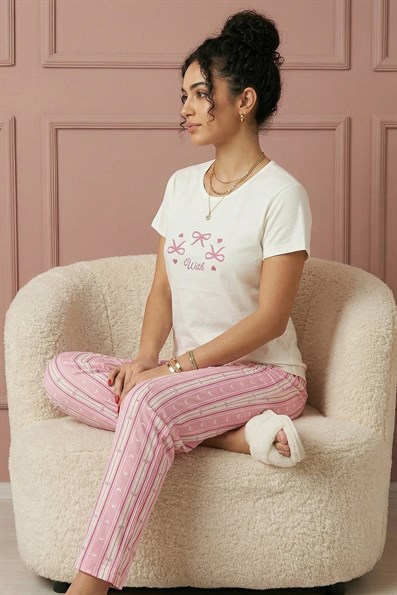 Kadın Kurdele Baskılı Kısa Kollu Pijama Takımı