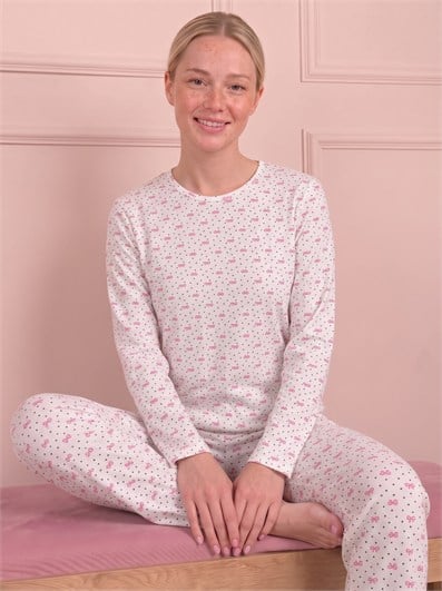 Kadın Kurdele Desenli Bisiklet Yaka Uzun Kol Altı Uzun Penye Pijama Takımı