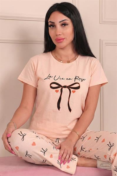 Kadın Kurdele Desenli ve Altı Desenli Penye Kısa Kollu Pijama Takımı
