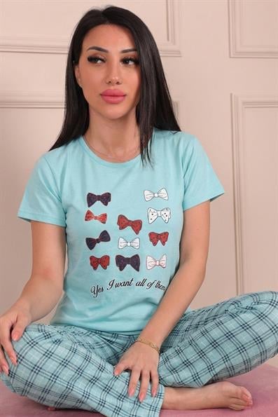 Kadın Kurdele Desenli ve Altı Ekose Desenli Kısa Kollu Pijama Takımı