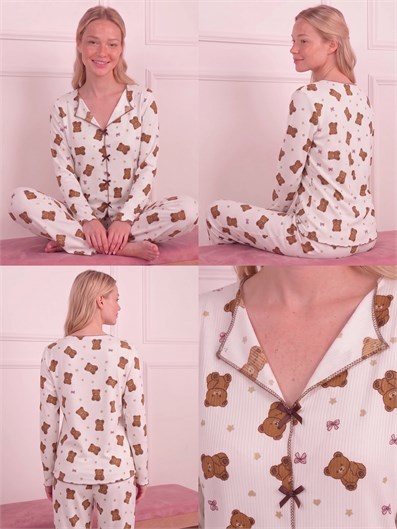 Kadın Kurdele Desenli Yarasa Yaka Uzun Kol Altı Uzun Kaşkorse Pijama Takımı